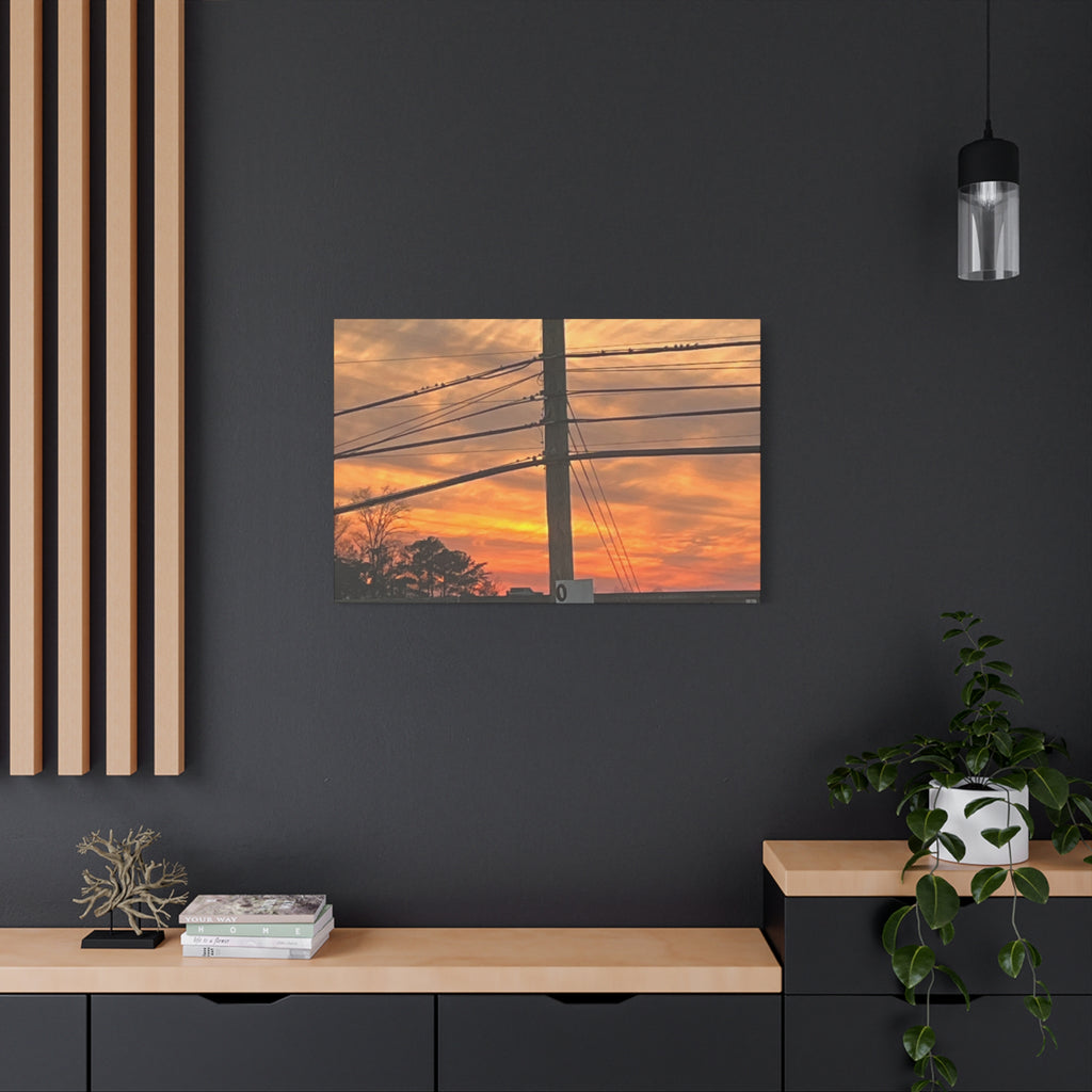 Sunset Powerlines Matte Canvas Print — Warm Orange Sky Wall Art
