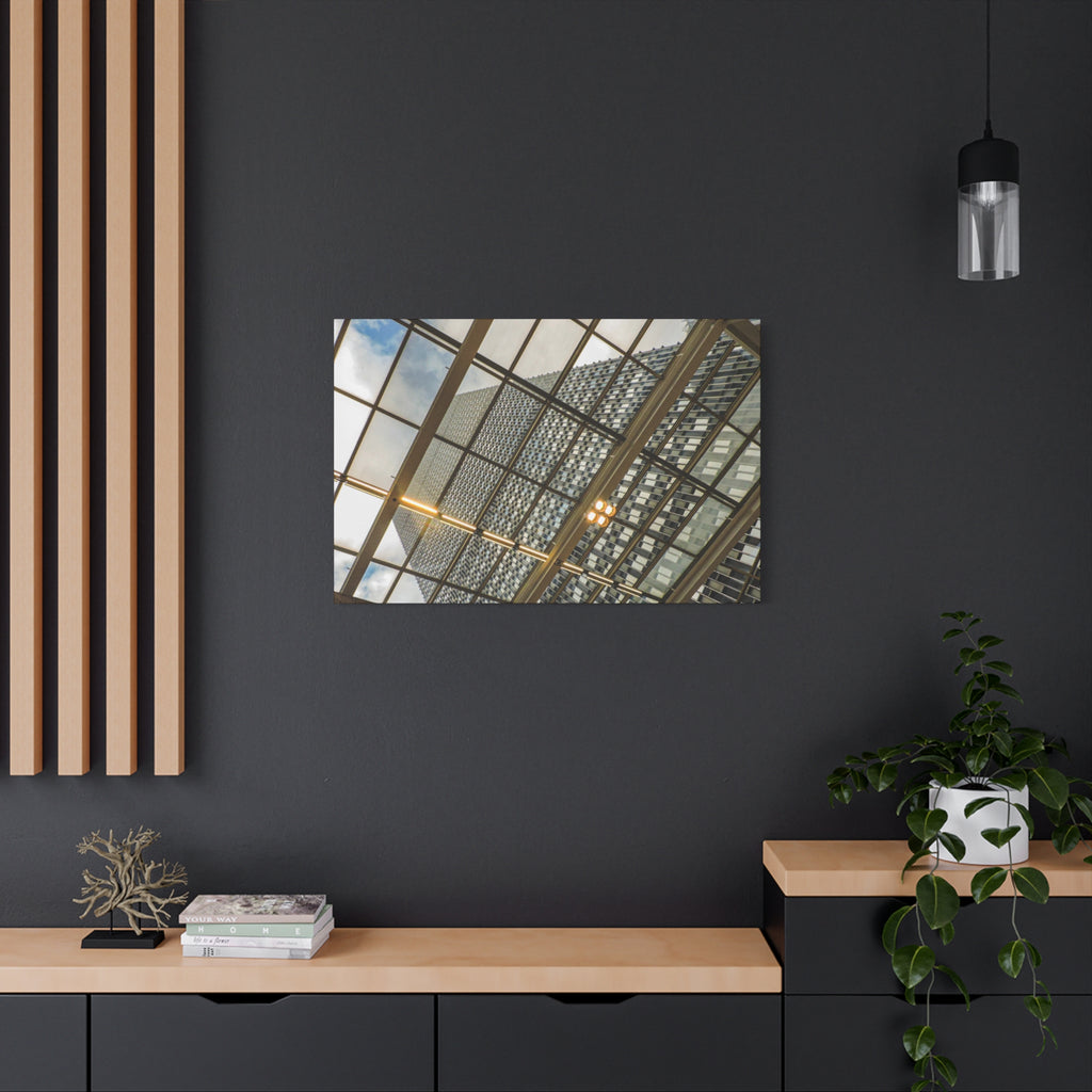 Modern Architecture Canvas Print — Glass Atrium & Skyscraper Stretched Matte
