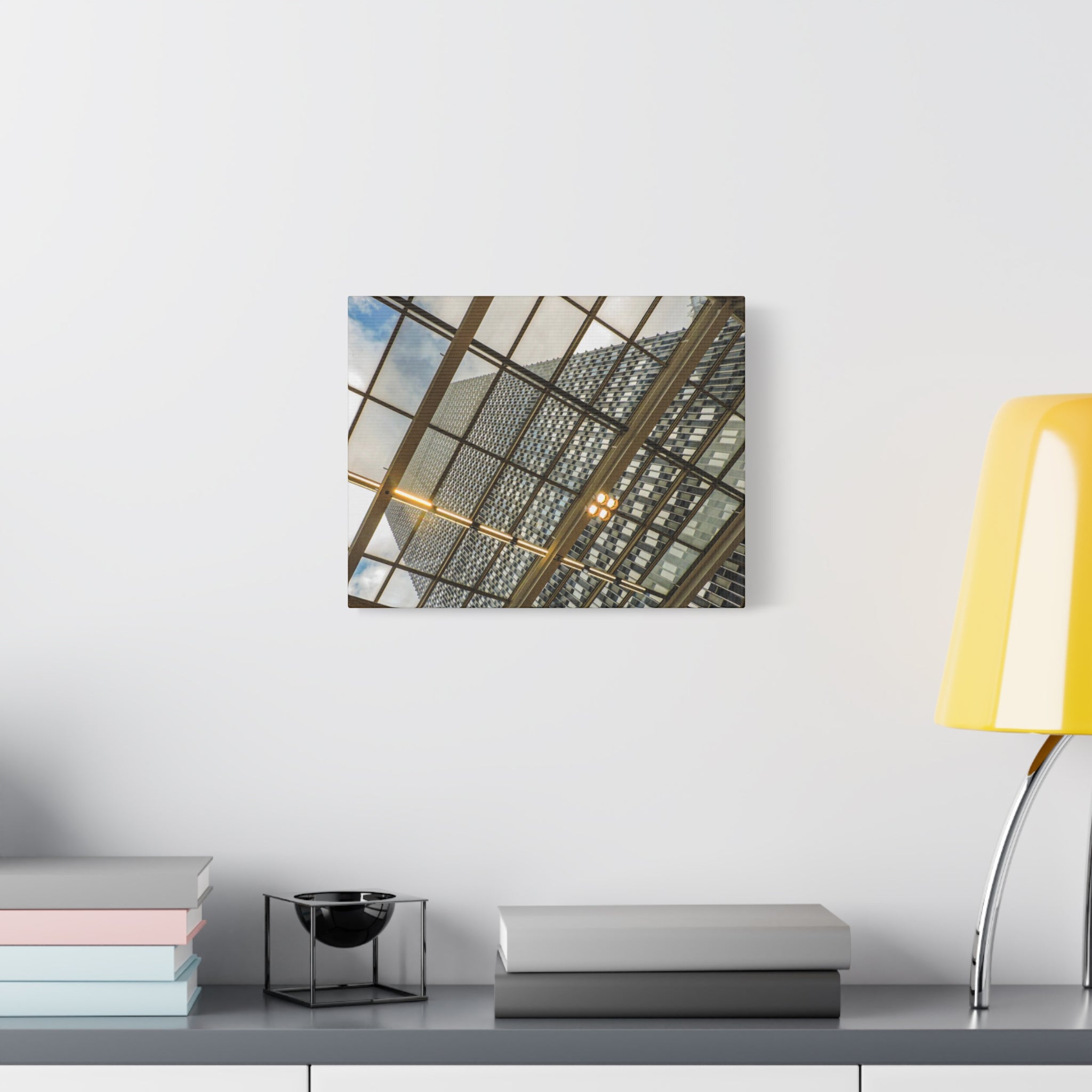 Modern Architecture Canvas Print — Glass Atrium & Skyscraper Stretched Matte