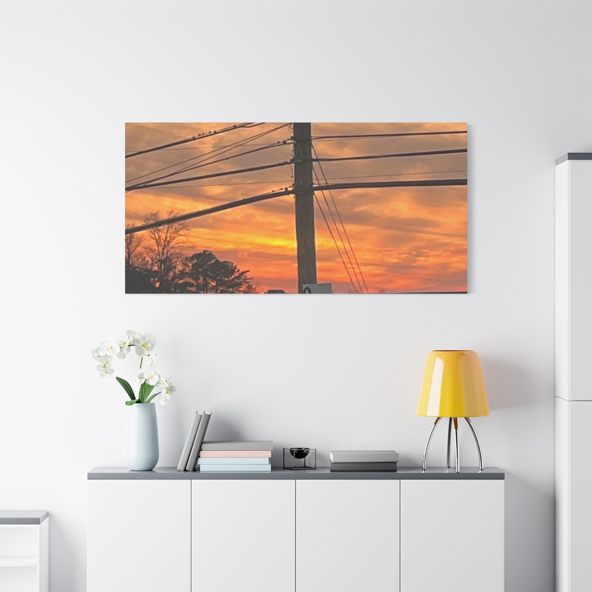 Sunset Powerlines Matte Canvas Print — Warm Orange Sky Wall Art