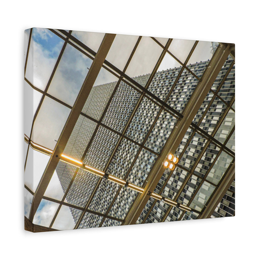 Modern Architecture Canvas Print — Glass Atrium & Skyscraper Stretched Matte