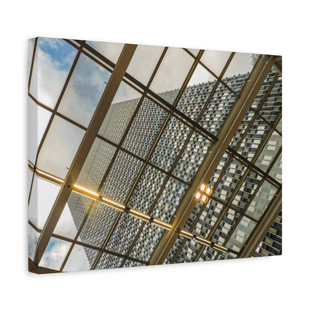 Modern Architecture Canvas Print — Glass Atrium & Skyscraper Stretched Matte