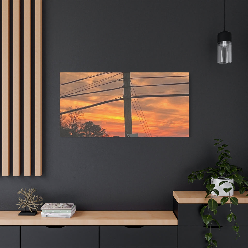 Sunset Powerlines Matte Canvas Print — Warm Orange Sky Wall Art