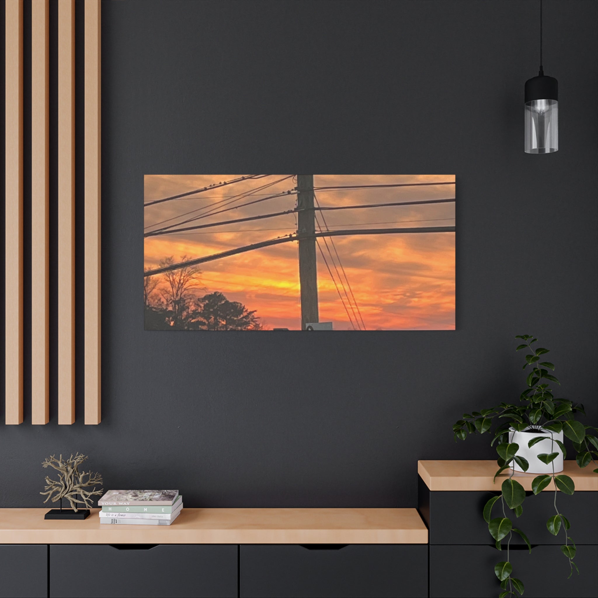Sunset Powerlines Matte Canvas Print — Warm Orange Sky Wall Art