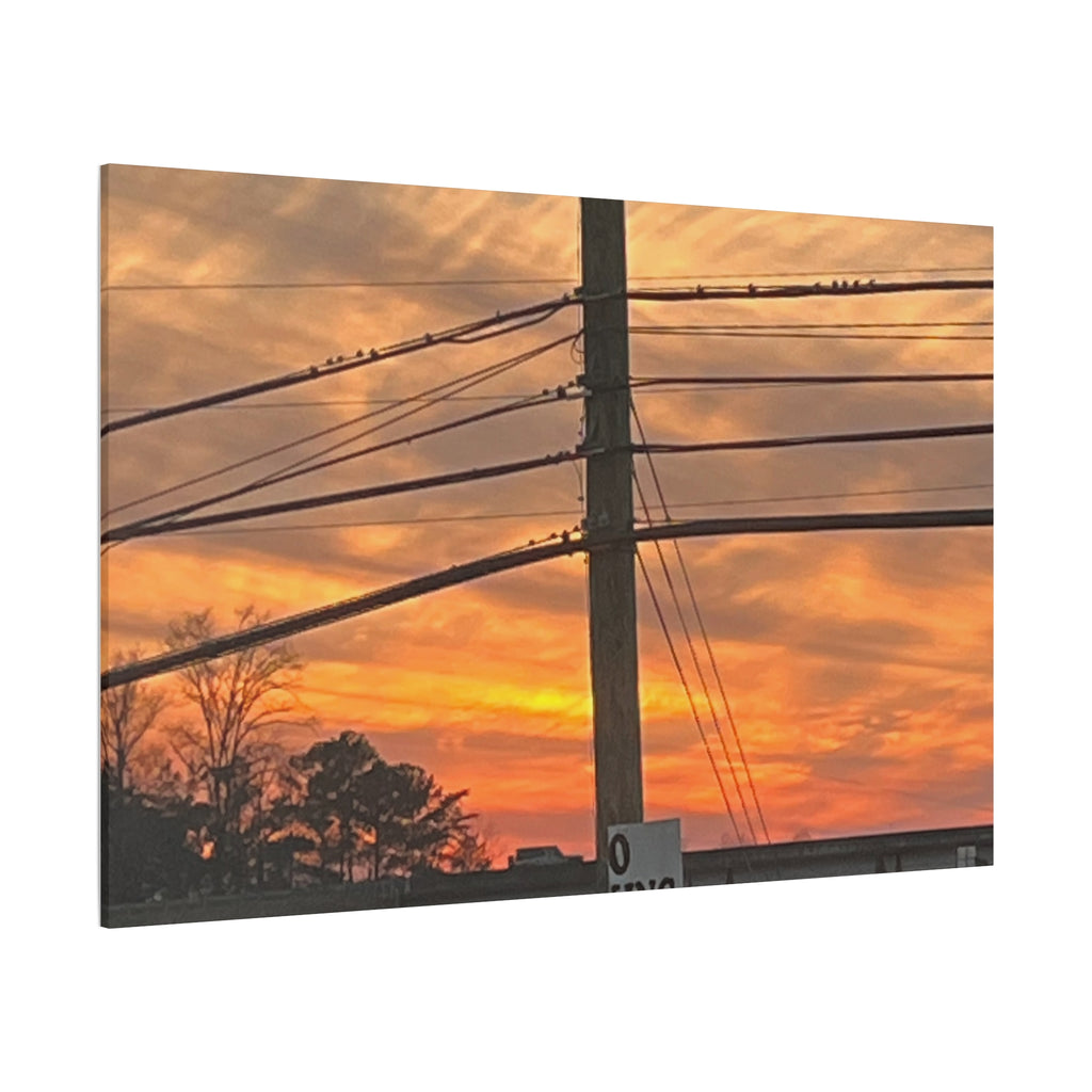 Sunset Powerlines Matte Canvas Print — Warm Orange Sky Wall Art