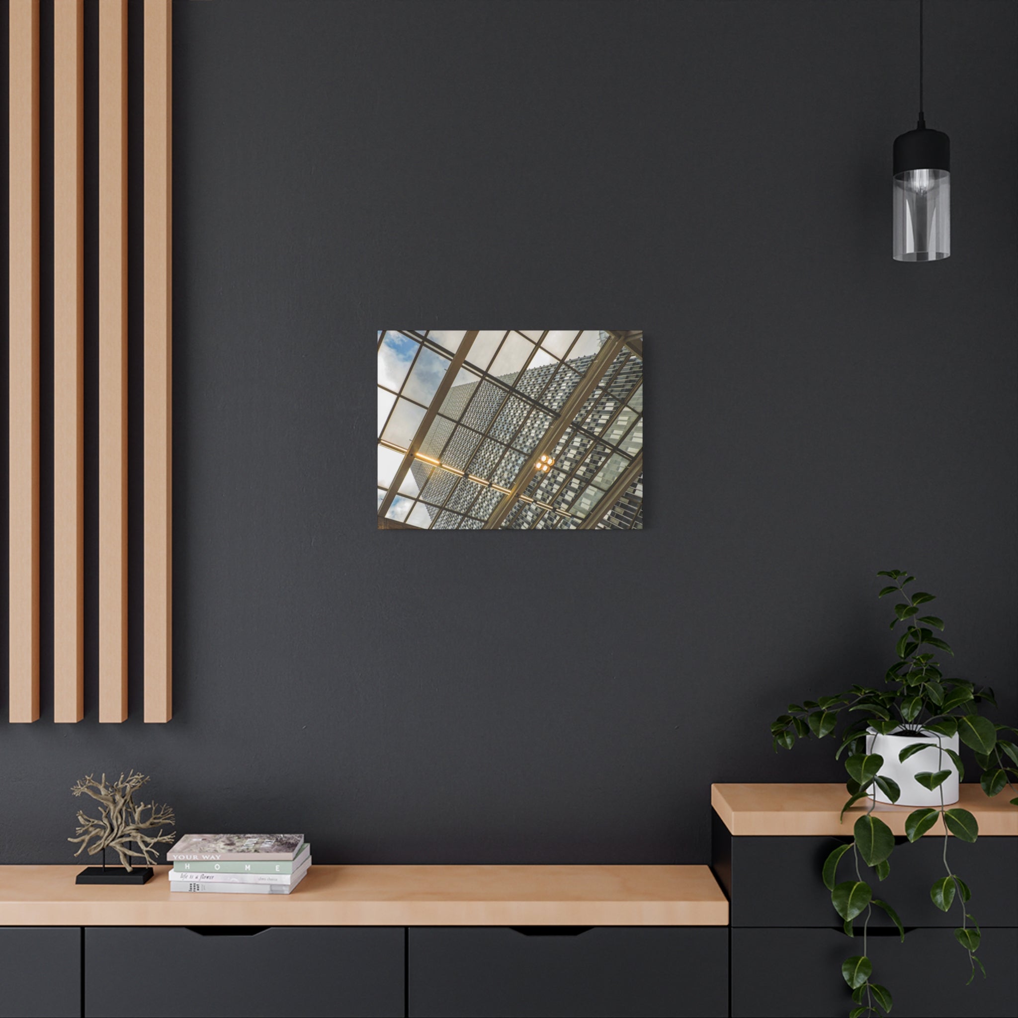 Modern Architecture Canvas Print — Glass Atrium & Skyscraper Stretched Matte