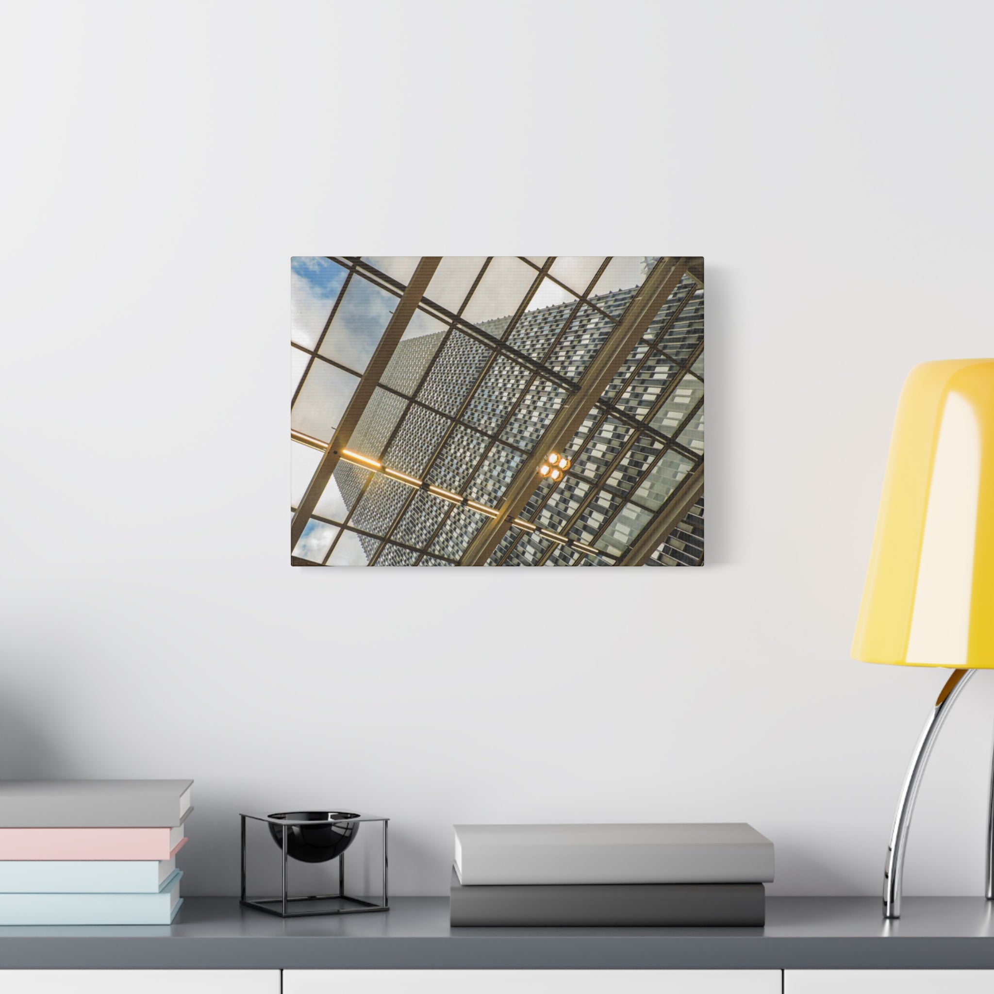 Modern Architecture Canvas Print — Glass Atrium & Skyscraper Stretched Matte