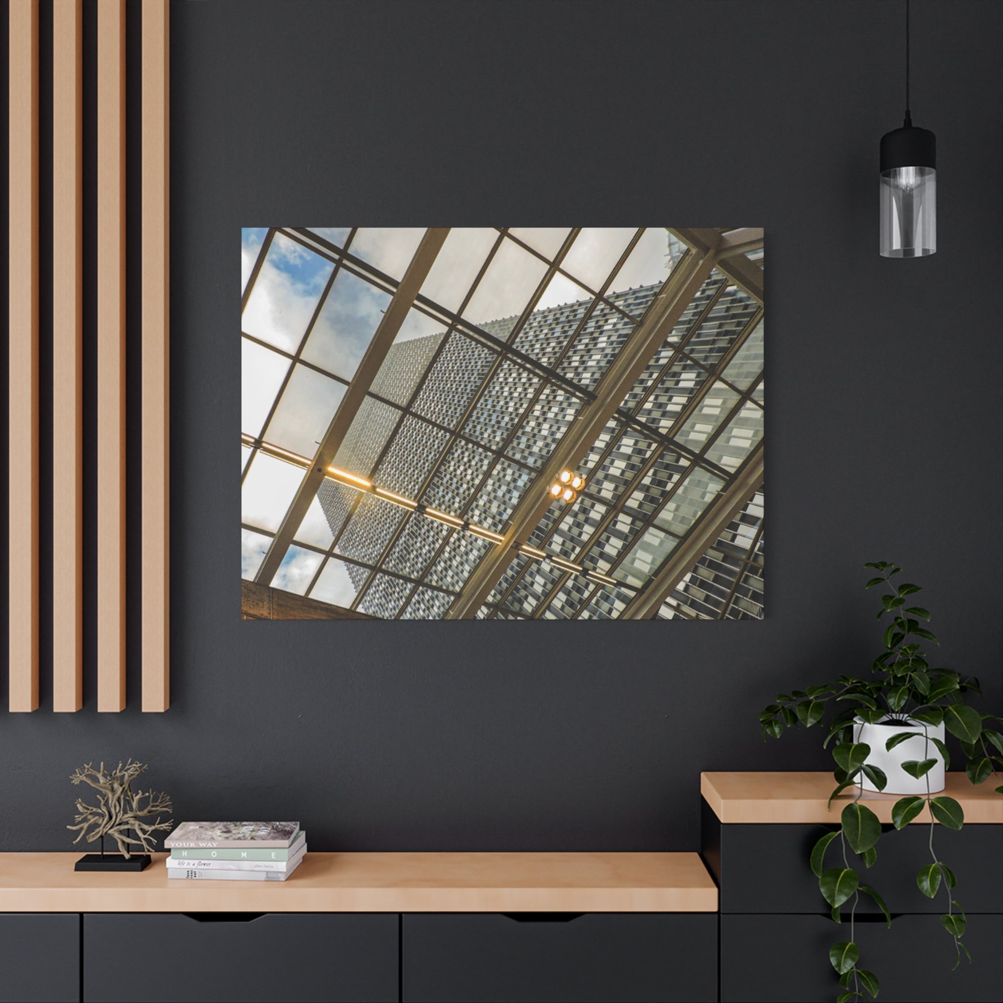 Modern Architecture Canvas Print — Glass Atrium & Skyscraper Stretched Matte
