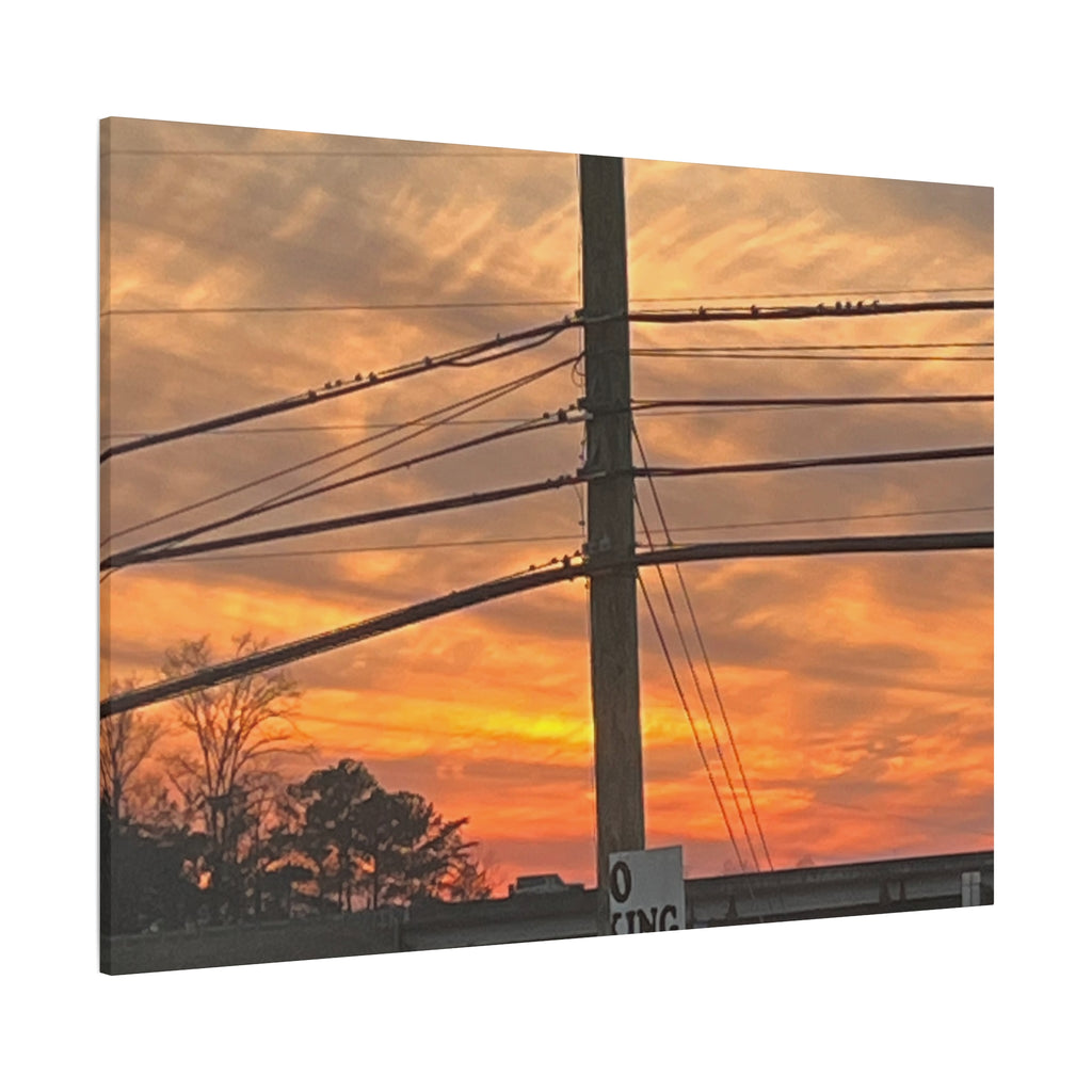 Sunset Powerlines Matte Canvas Print — Warm Orange Sky Wall Art