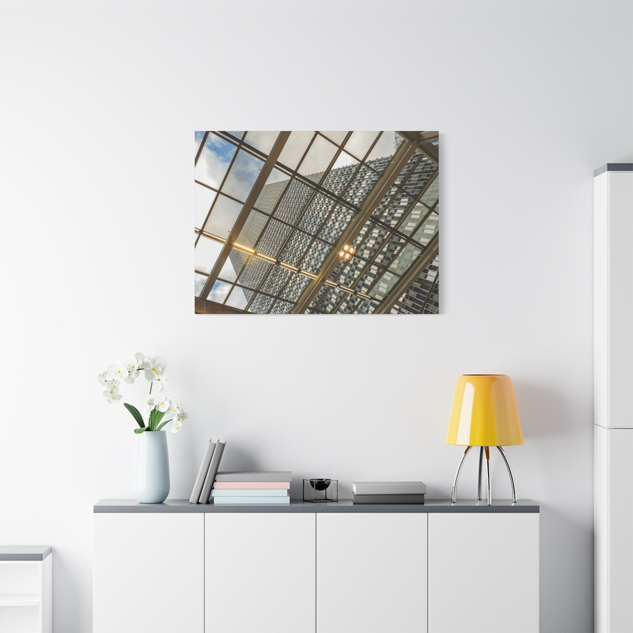 Modern Architecture Canvas Print — Glass Atrium & Skyscraper Stretched Matte