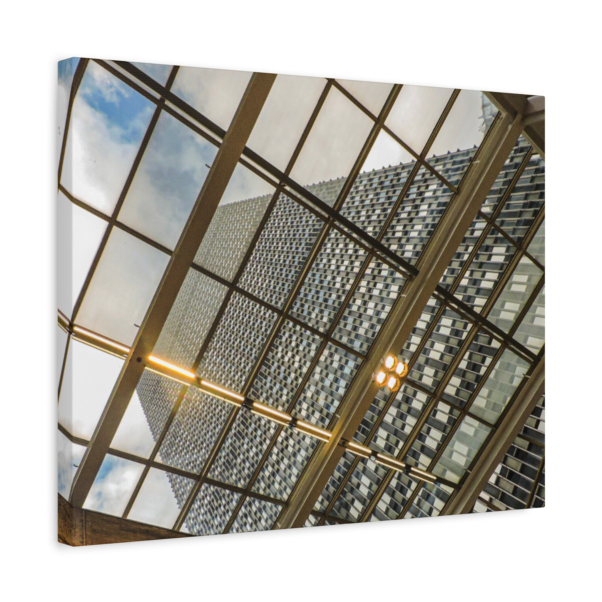 Modern Architecture Canvas Print — Glass Atrium & Skyscraper Stretched Matte