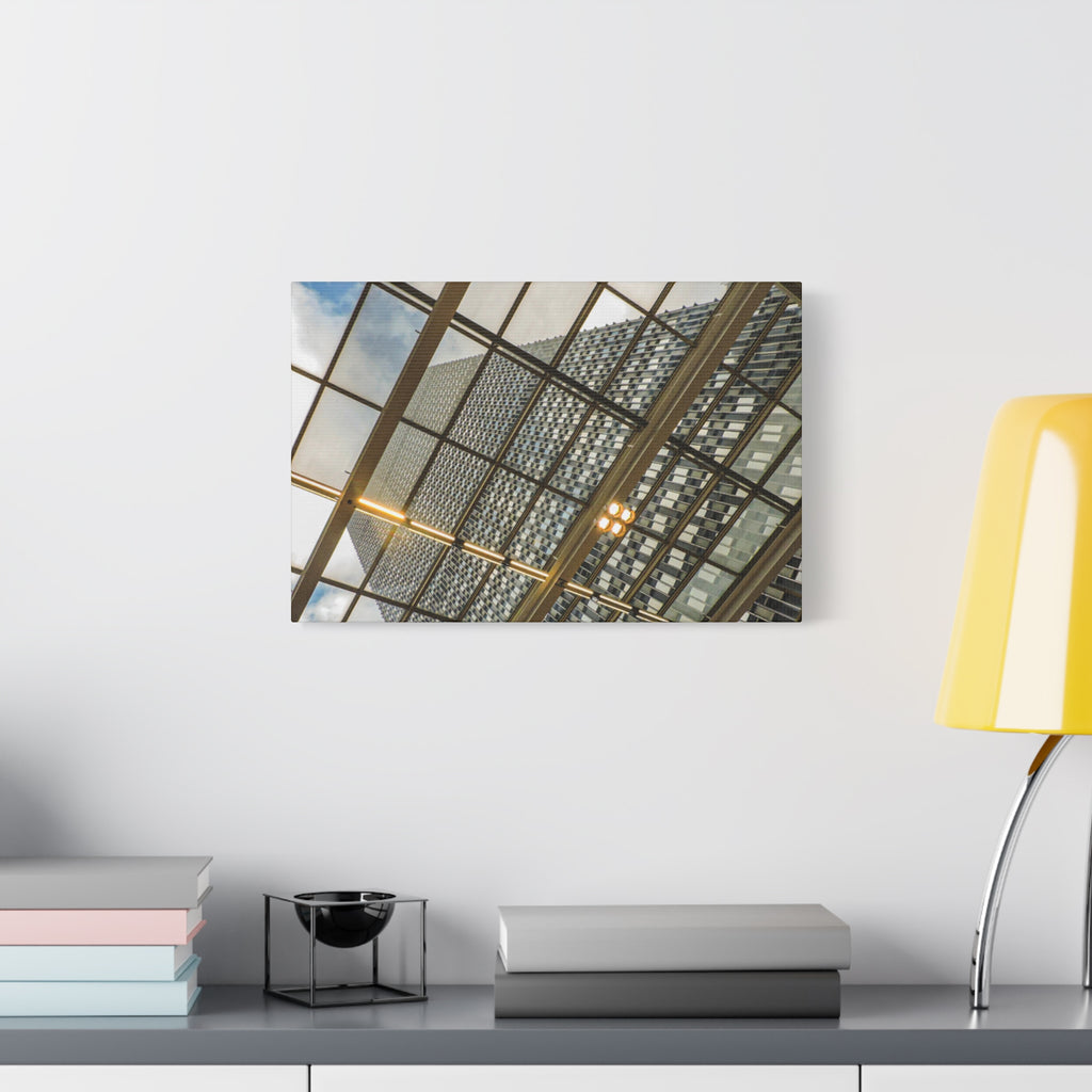 Modern Architecture Canvas Print — Glass Atrium & Skyscraper Stretched Matte