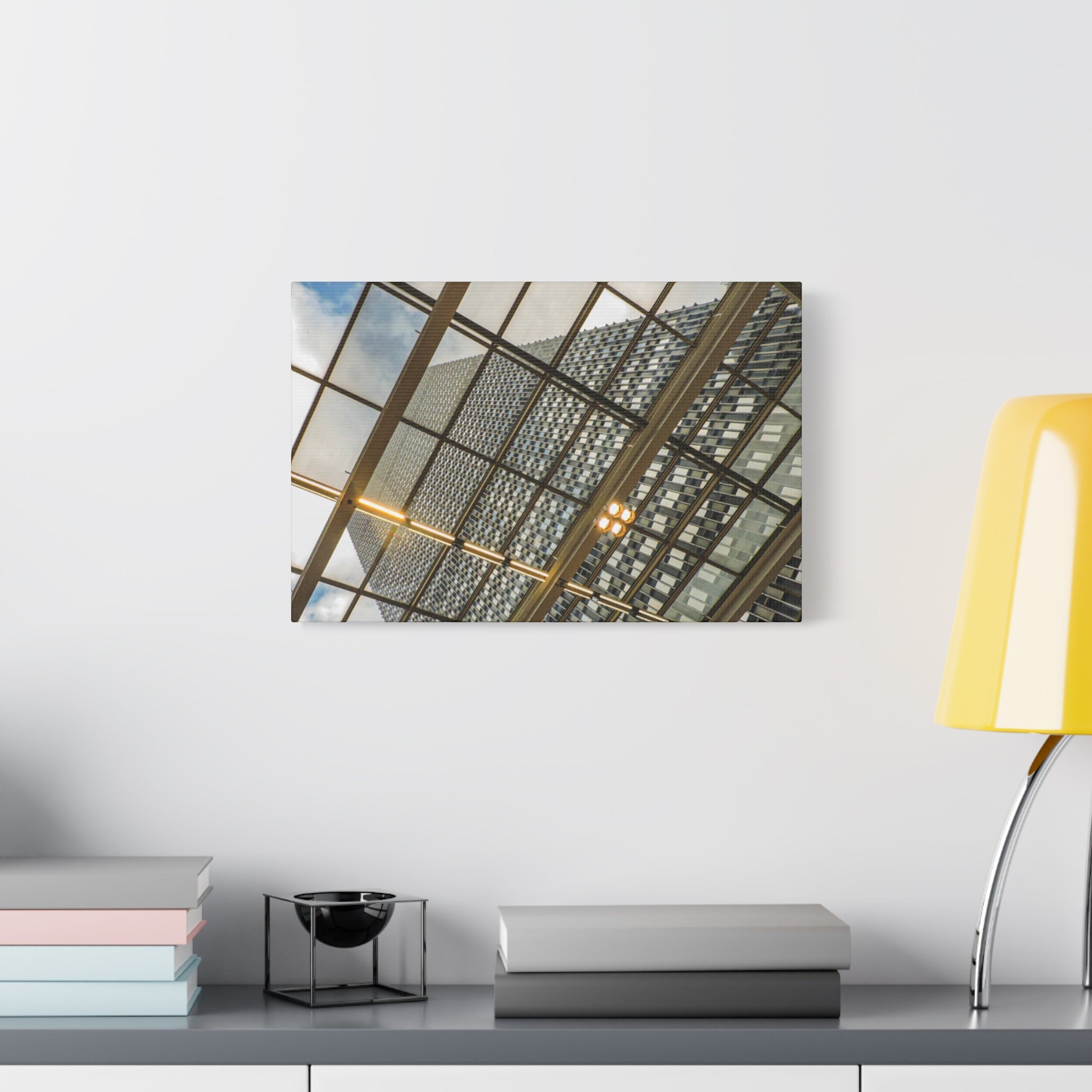 Modern Architecture Canvas Print — Glass Atrium & Skyscraper Stretched Matte