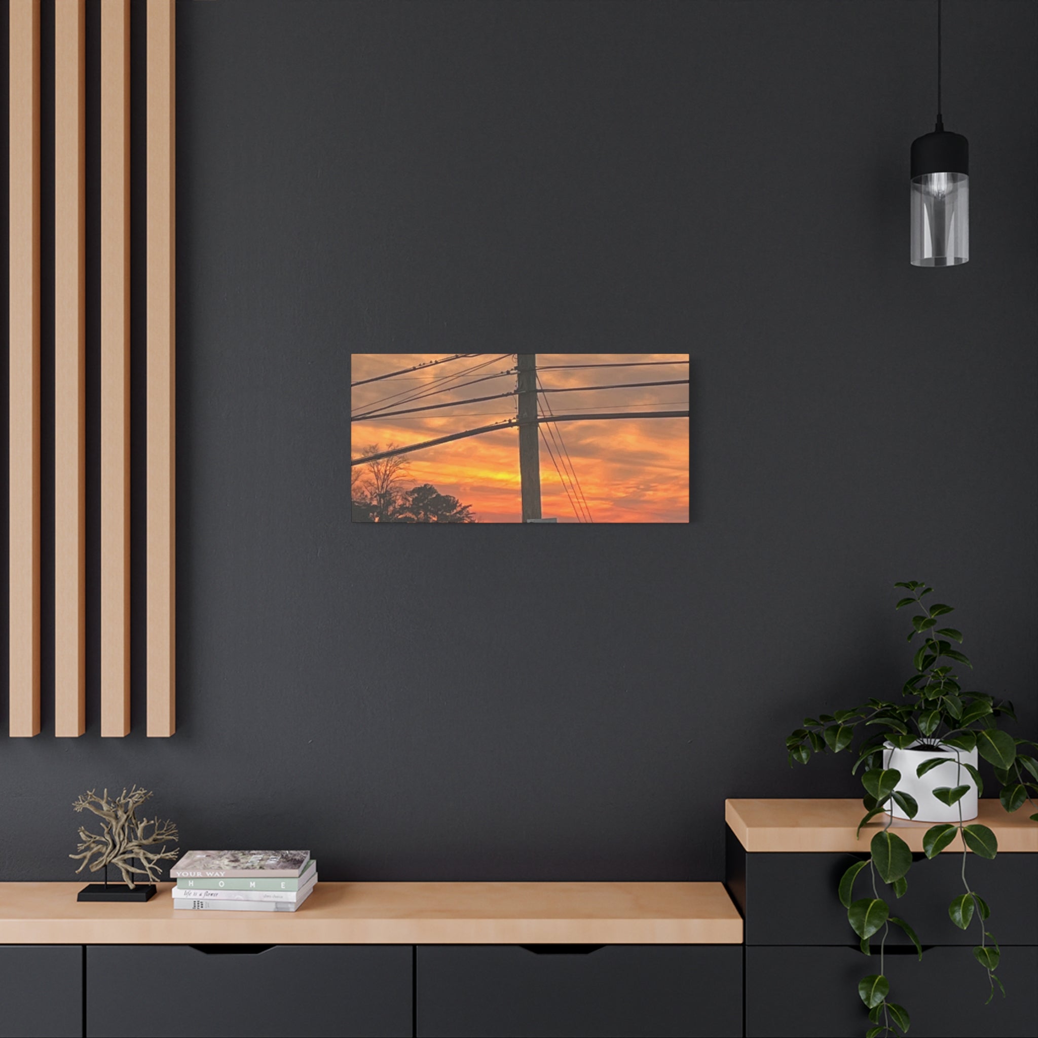 Sunset Powerlines Matte Canvas Print — Warm Orange Sky Wall Art