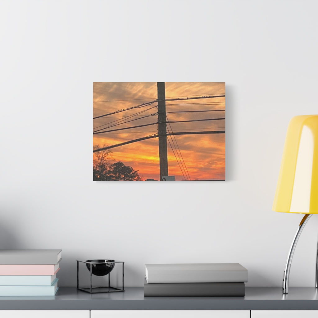 Sunset Powerlines Matte Canvas Print — Warm Orange Sky Wall Art