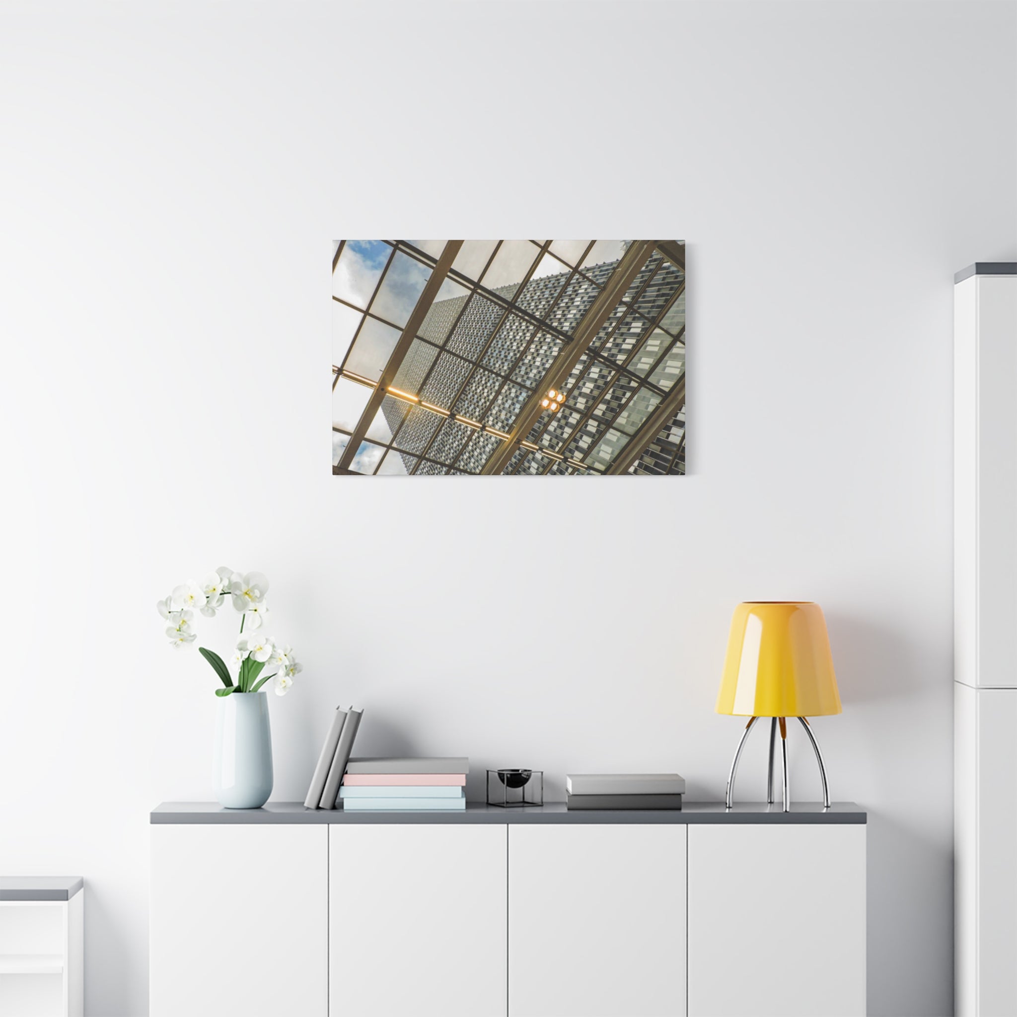 Modern Architecture Canvas Print — Glass Atrium & Skyscraper Stretched Matte