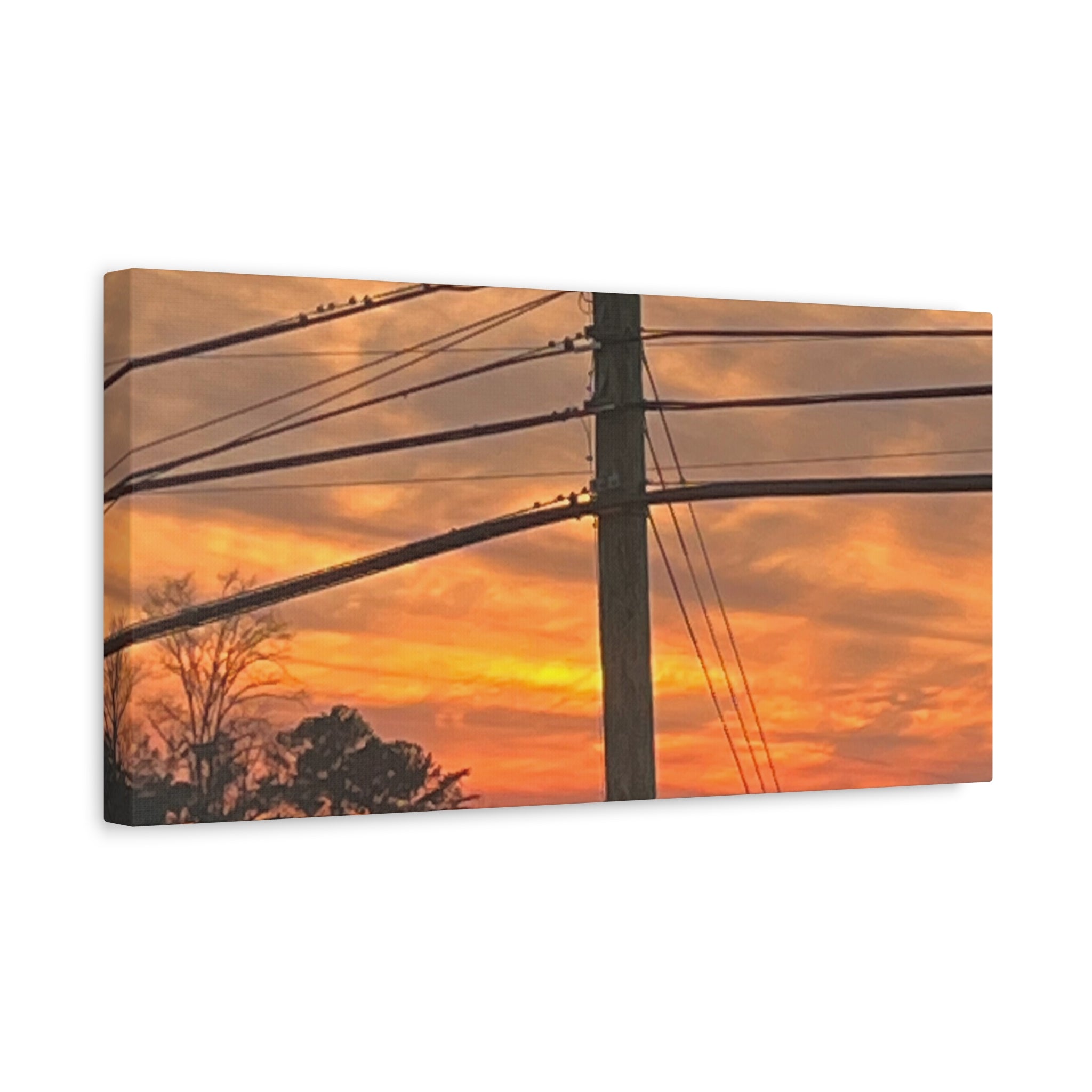 Sunset Powerlines Matte Canvas Print — Warm Orange Sky Wall Art