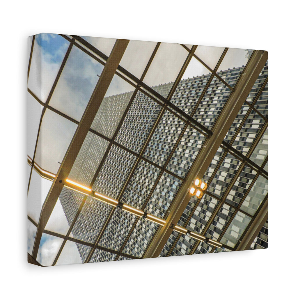 Modern Architecture Canvas Print — Glass Atrium & Skyscraper Stretched Matte