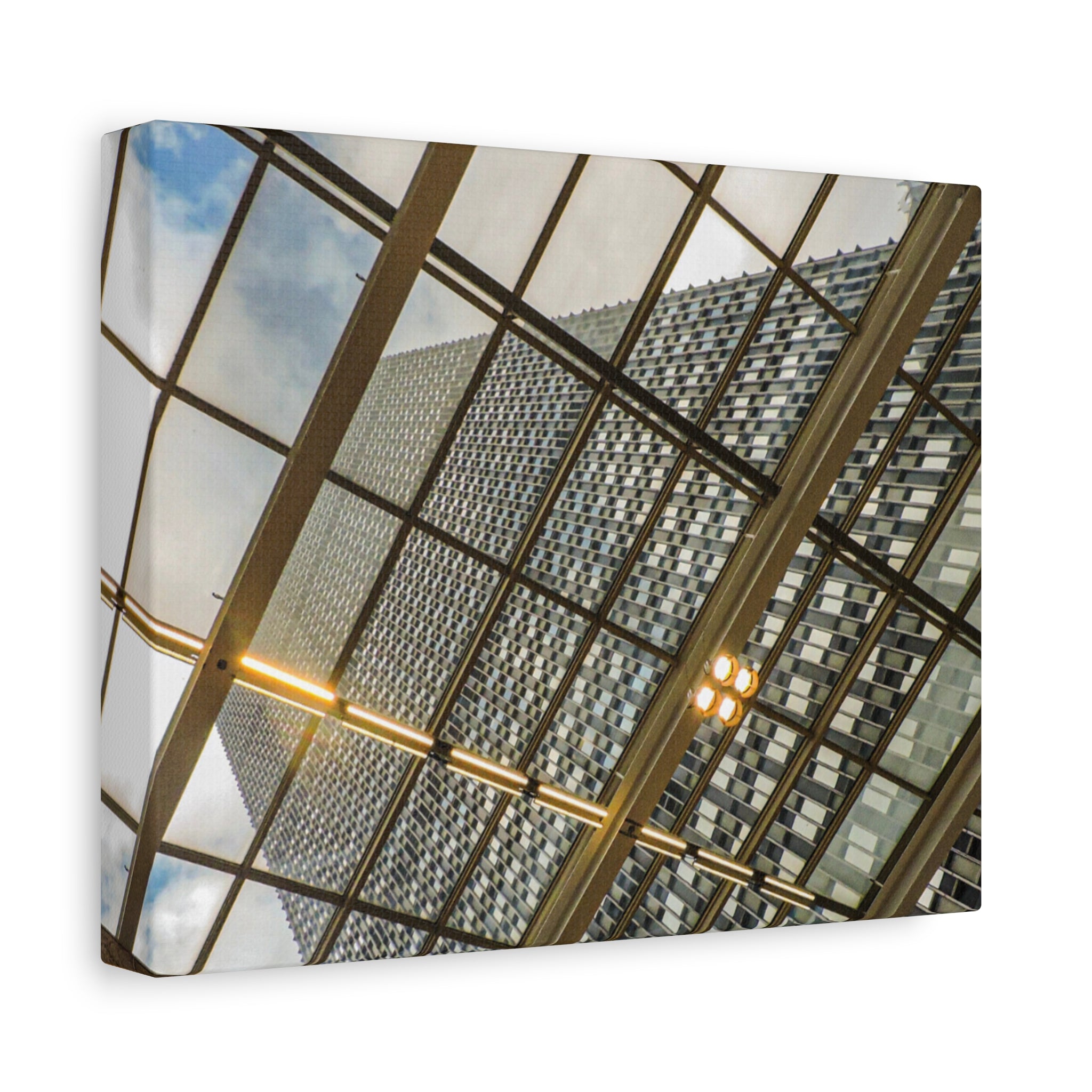 Modern Architecture Canvas Print — Glass Atrium & Skyscraper Stretched Matte