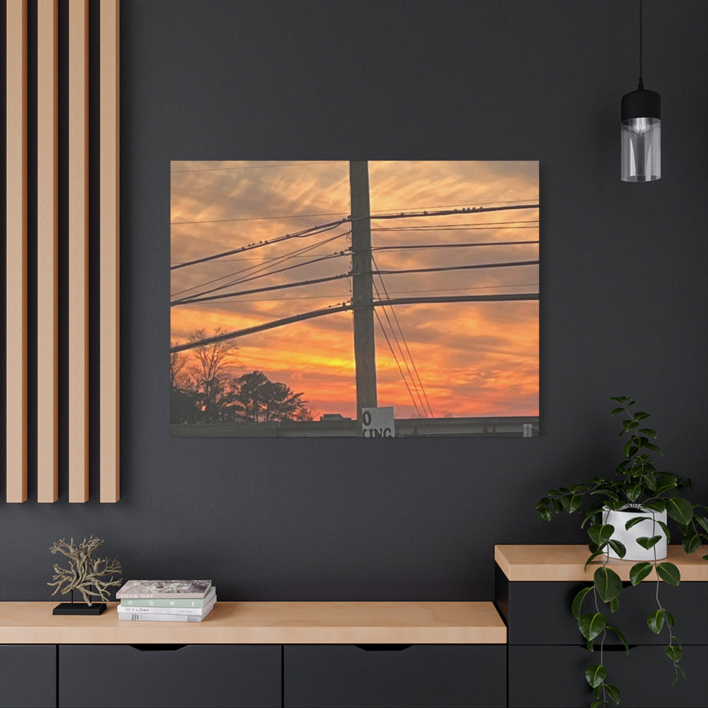 Sunset Powerlines Matte Canvas Print — Warm Orange Sky Wall Art
