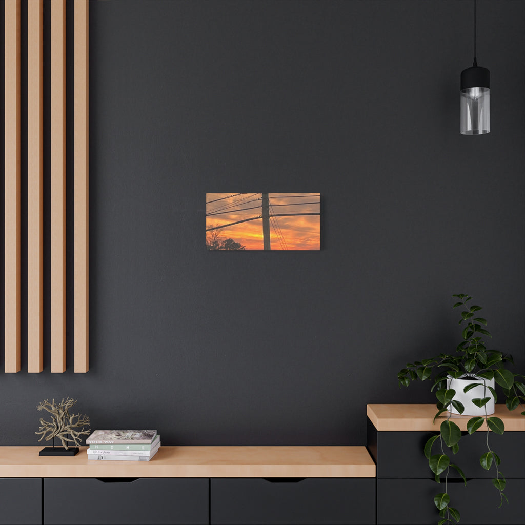 Sunset Powerlines Matte Canvas Print — Warm Orange Sky Wall Art