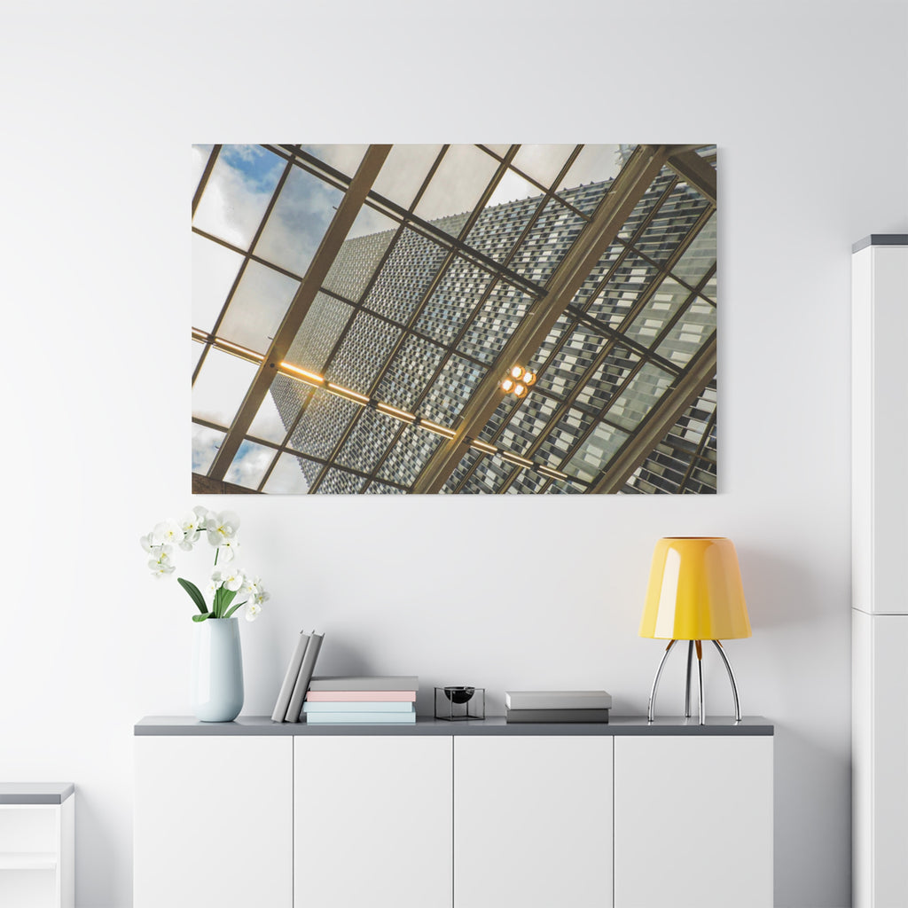 Modern Architecture Canvas Print — Glass Atrium & Skyscraper Stretched Matte