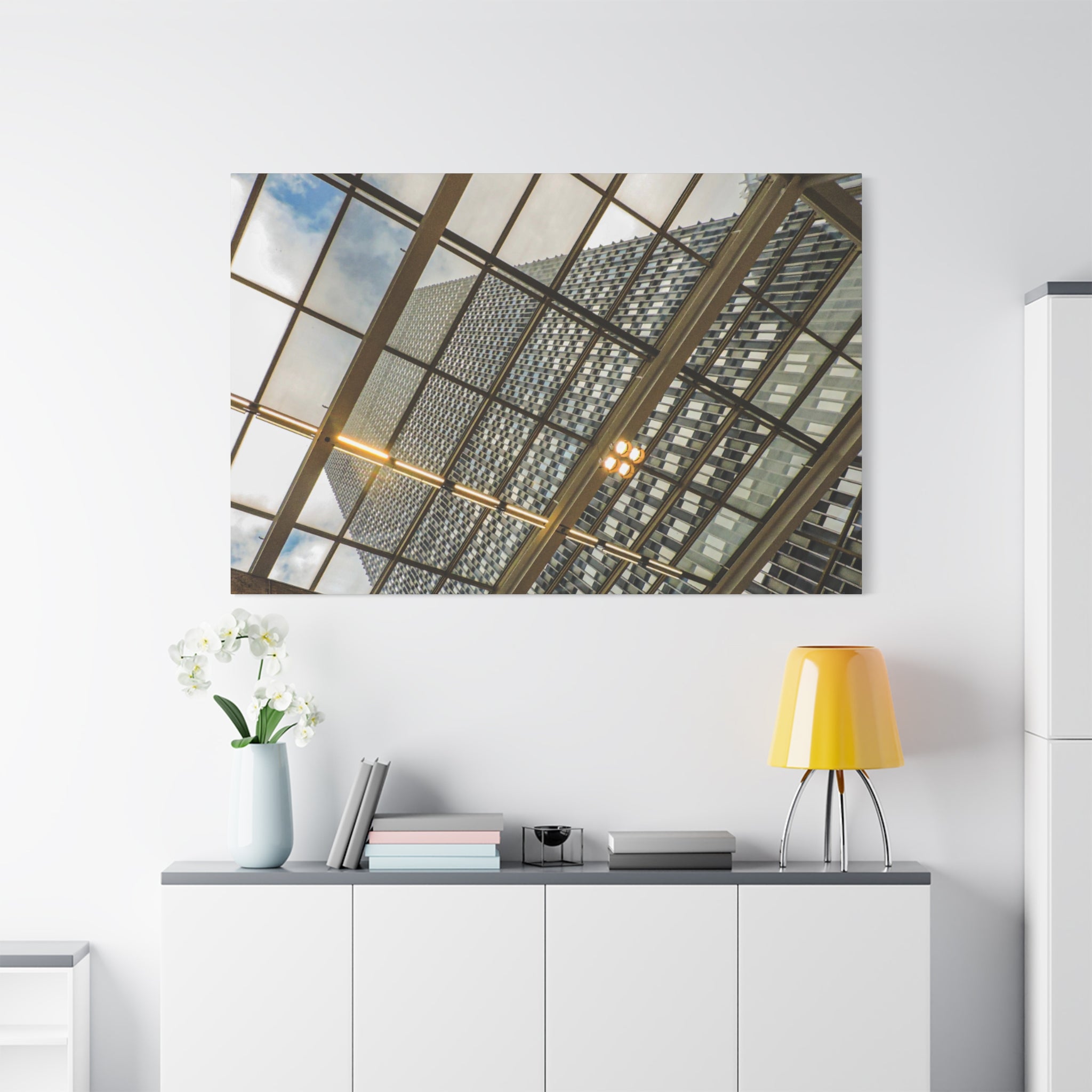 Modern Architecture Canvas Print — Glass Atrium & Skyscraper Stretched Matte