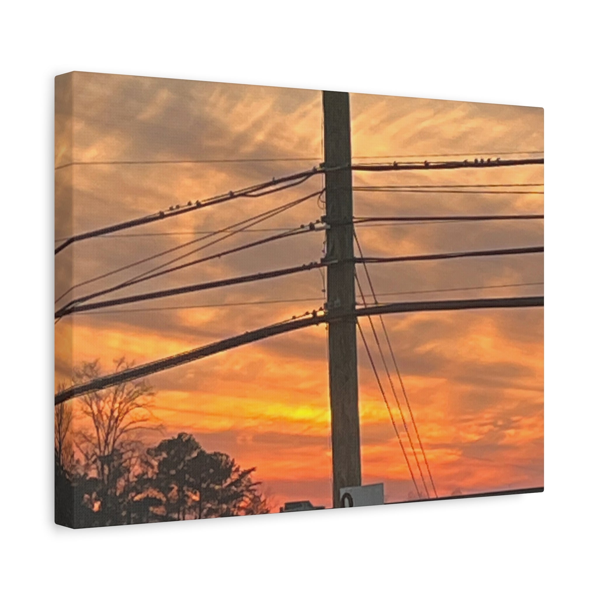 Sunset Powerlines Matte Canvas Print — Warm Orange Sky Wall Art