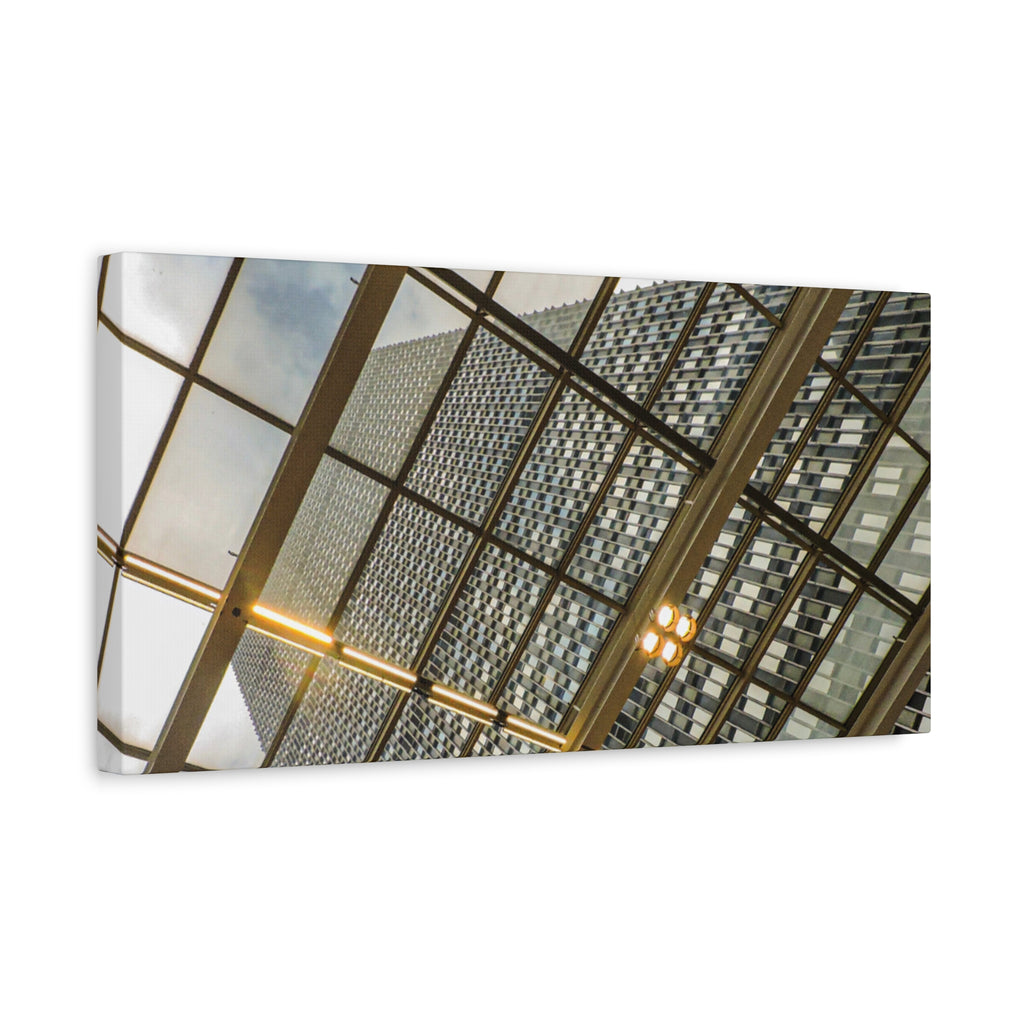 Modern Architecture Canvas Print — Glass Atrium & Skyscraper Stretched Matte