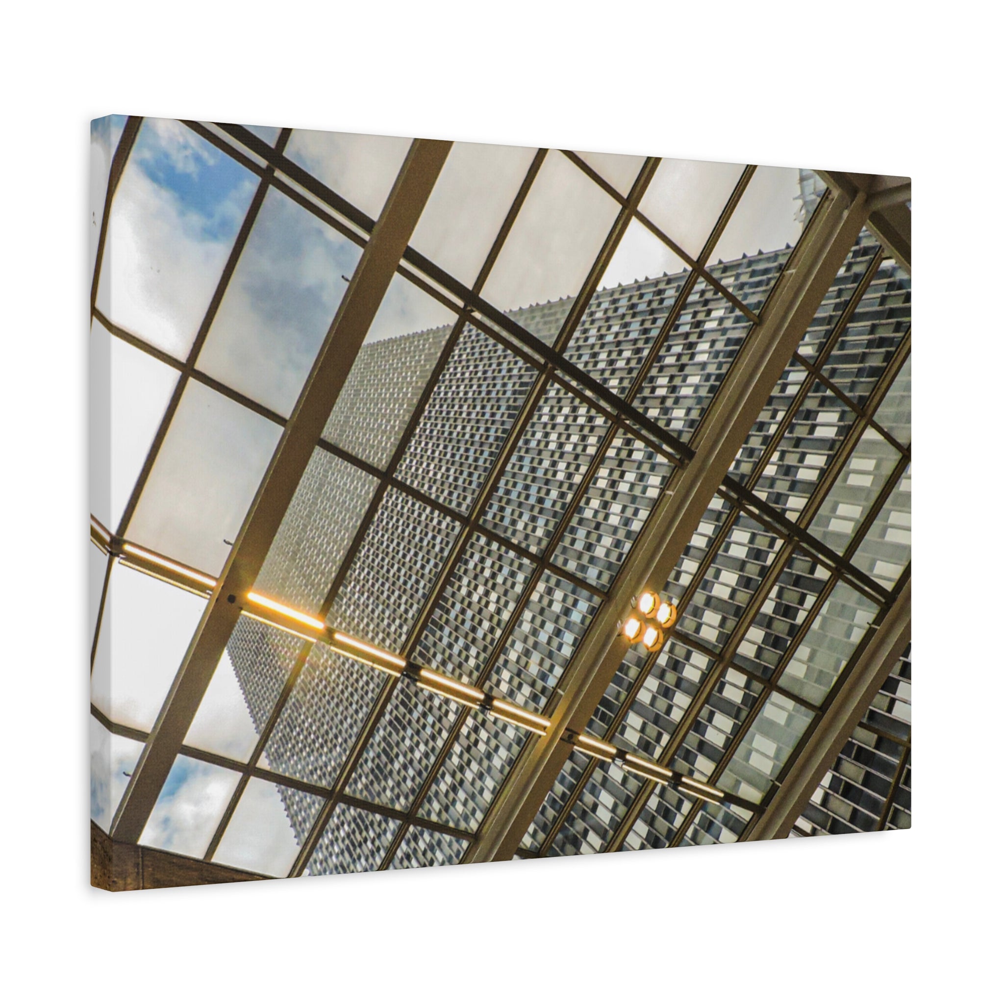Modern Architecture Canvas Print — Glass Atrium & Skyscraper Stretched Matte