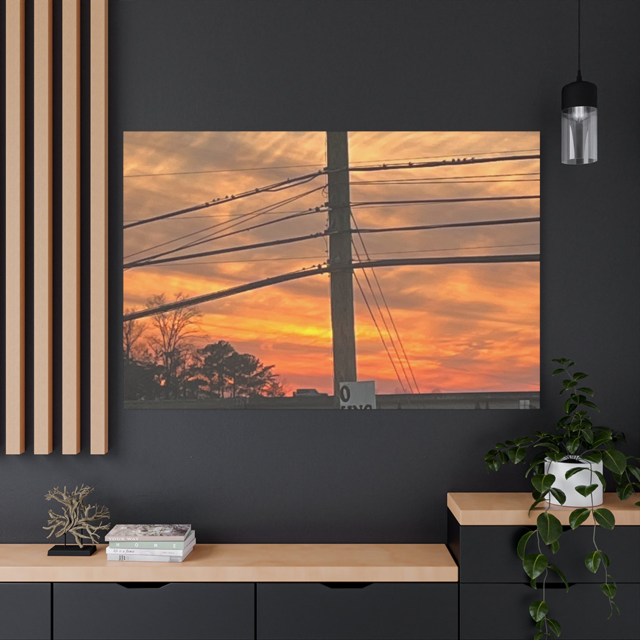 Sunset Powerlines Matte Canvas Print — Warm Orange Sky Wall Art
