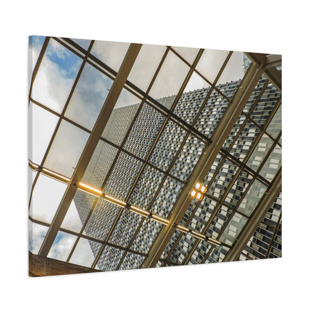 Modern Architecture Canvas Print — Glass Atrium & Skyscraper Stretched Matte