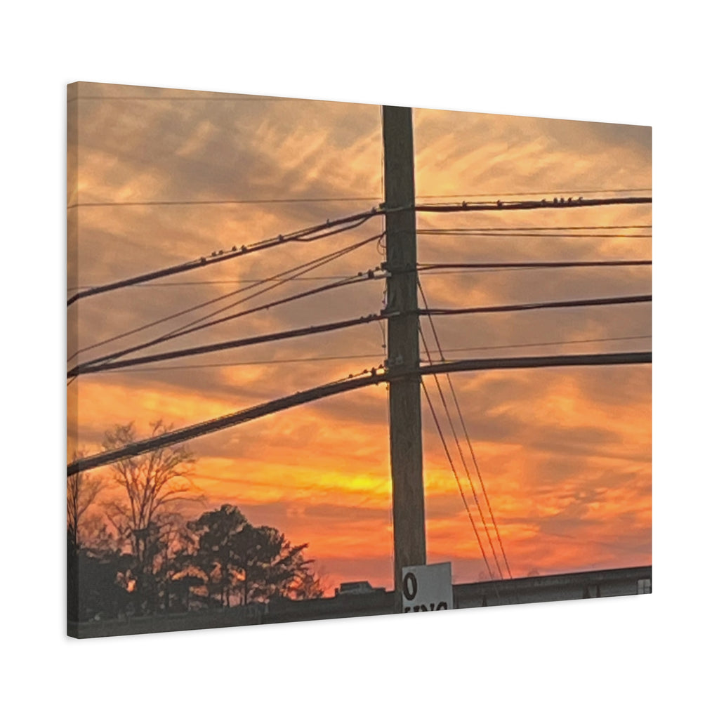 Sunset Powerlines Matte Canvas Print — Warm Orange Sky Wall Art