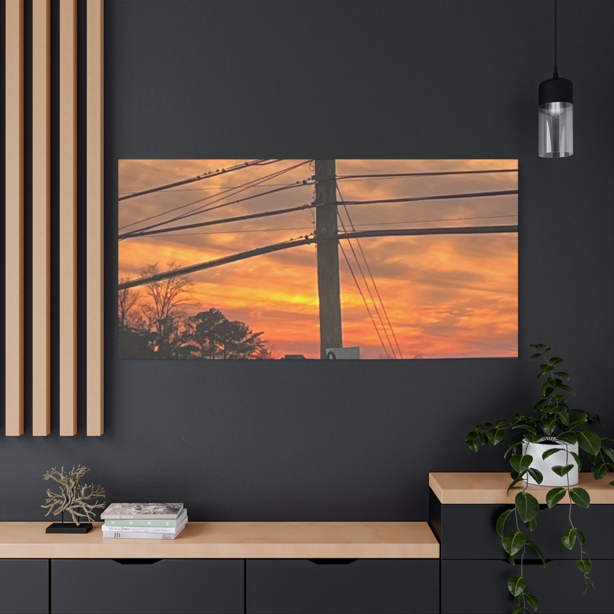 Sunset Powerlines Matte Canvas Print — Warm Orange Sky Wall Art