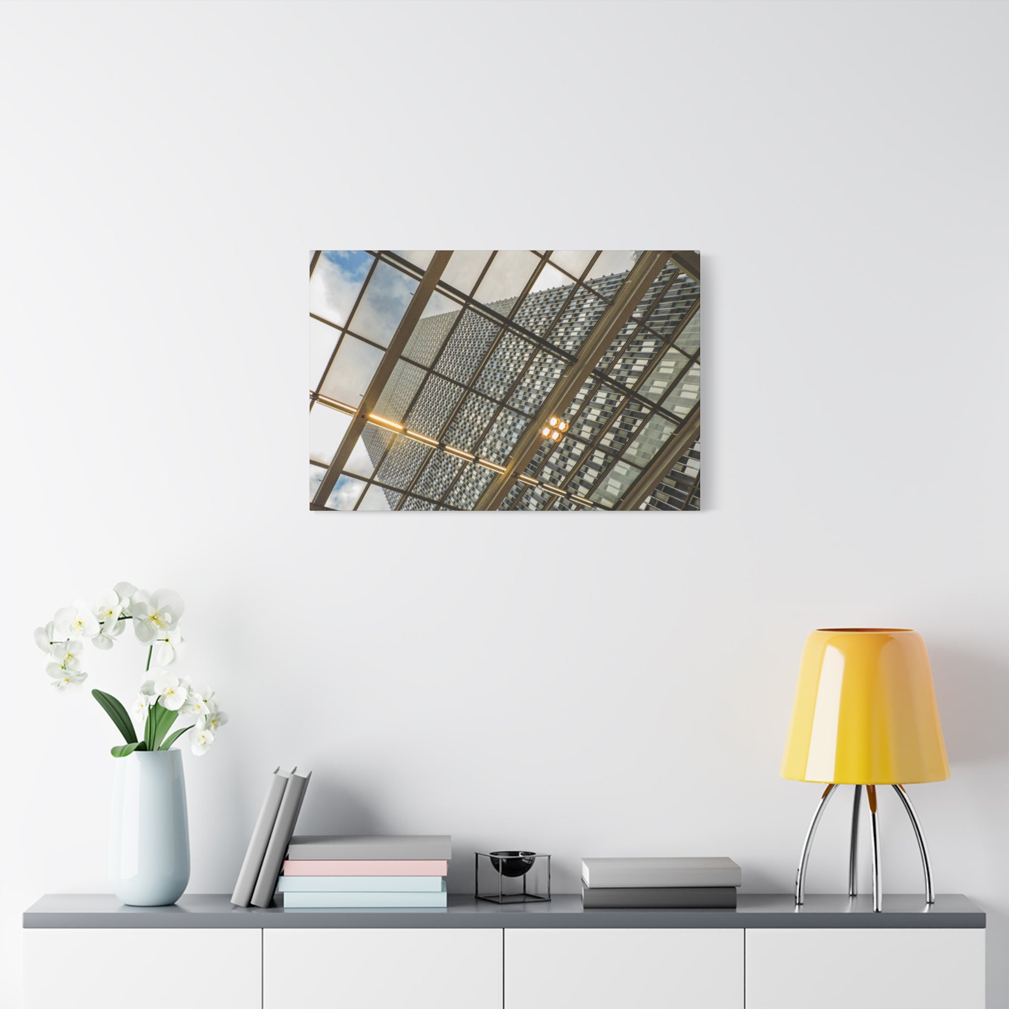 Modern Architecture Canvas Print — Glass Atrium & Skyscraper Stretched Matte