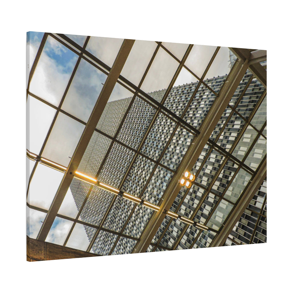 Modern Architecture Canvas Print — Glass Atrium & Skyscraper Stretched Matte