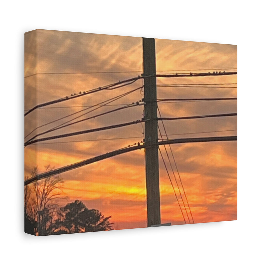 Sunset Powerlines Matte Canvas Print — Warm Orange Sky Wall Art