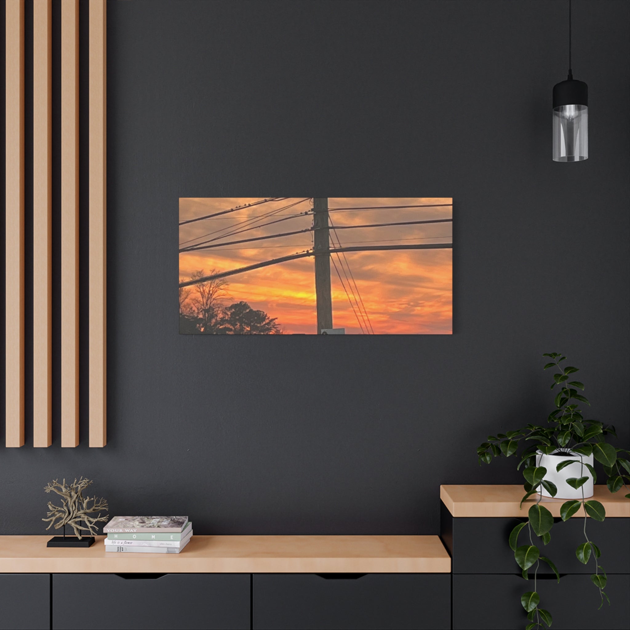 Sunset Powerlines Matte Canvas Print — Warm Orange Sky Wall Art