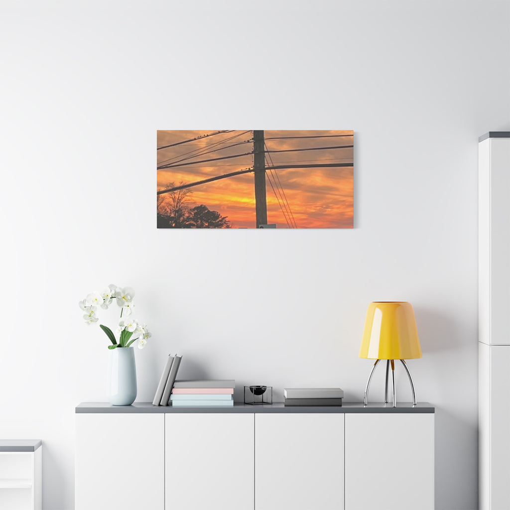 Sunset Powerlines Matte Canvas Print — Warm Orange Sky Wall Art