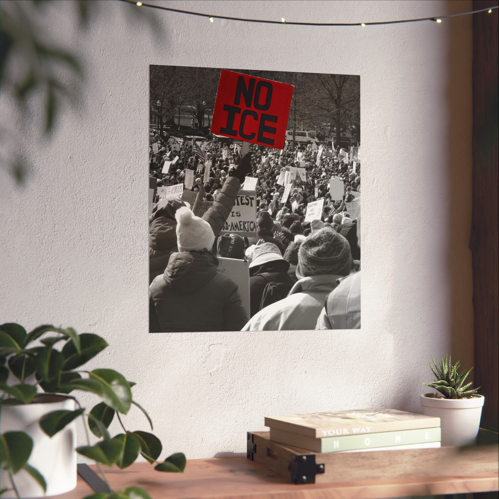 NO ICE Above the Crowd — Vertical Matte Humanitarian Poster