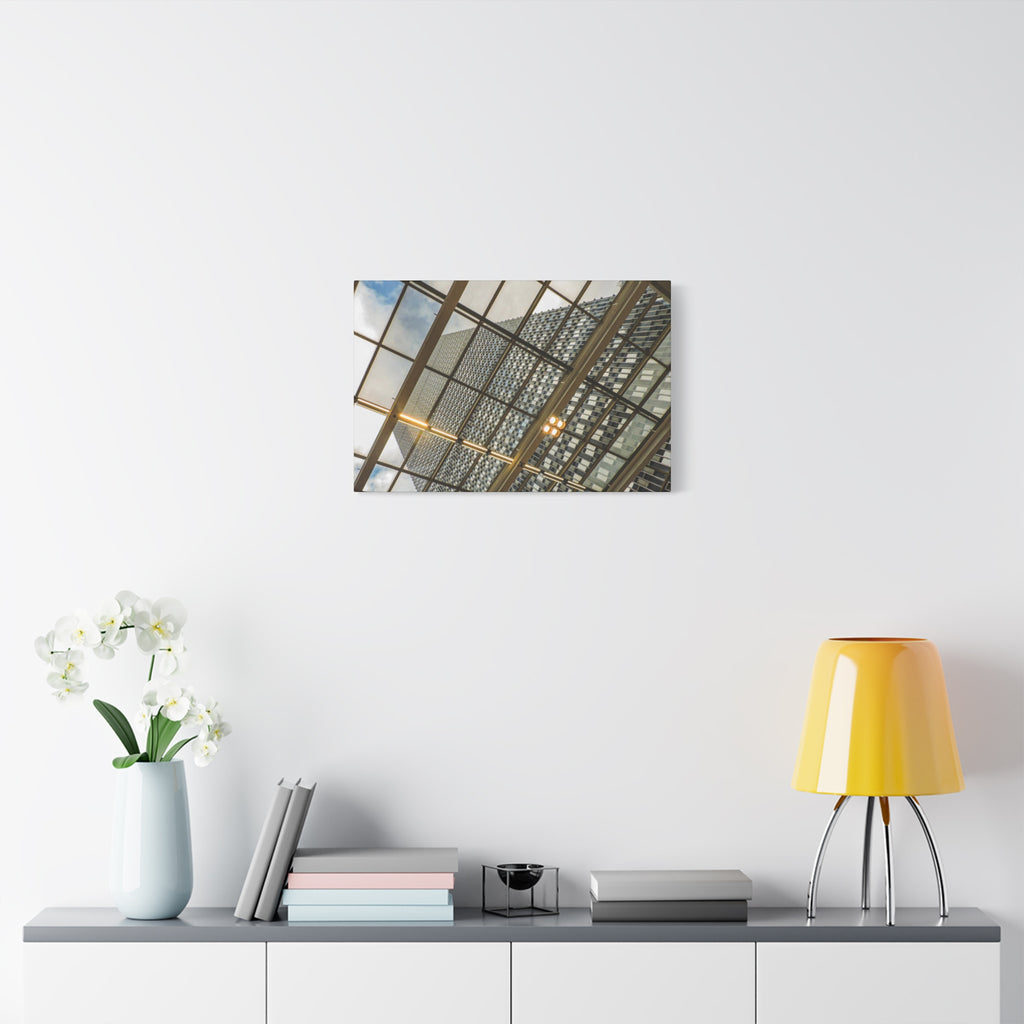 Modern Architecture Canvas Print — Glass Atrium & Skyscraper Stretched Matte