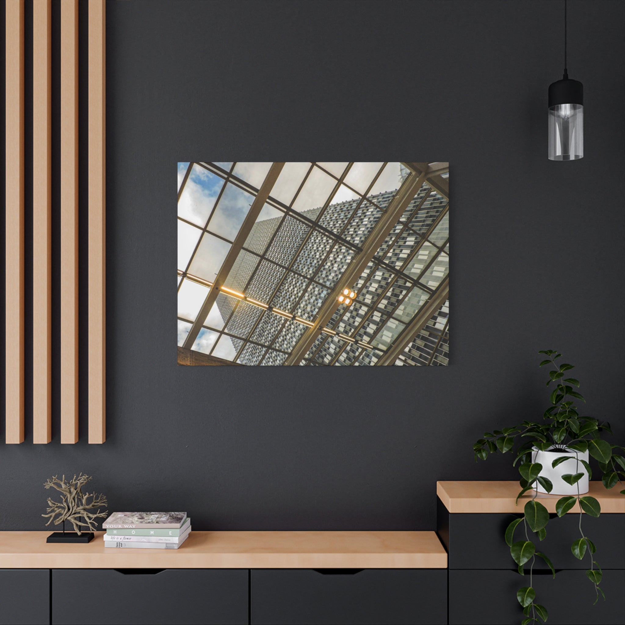 Modern Architecture Canvas Print — Glass Atrium & Skyscraper Stretched Matte