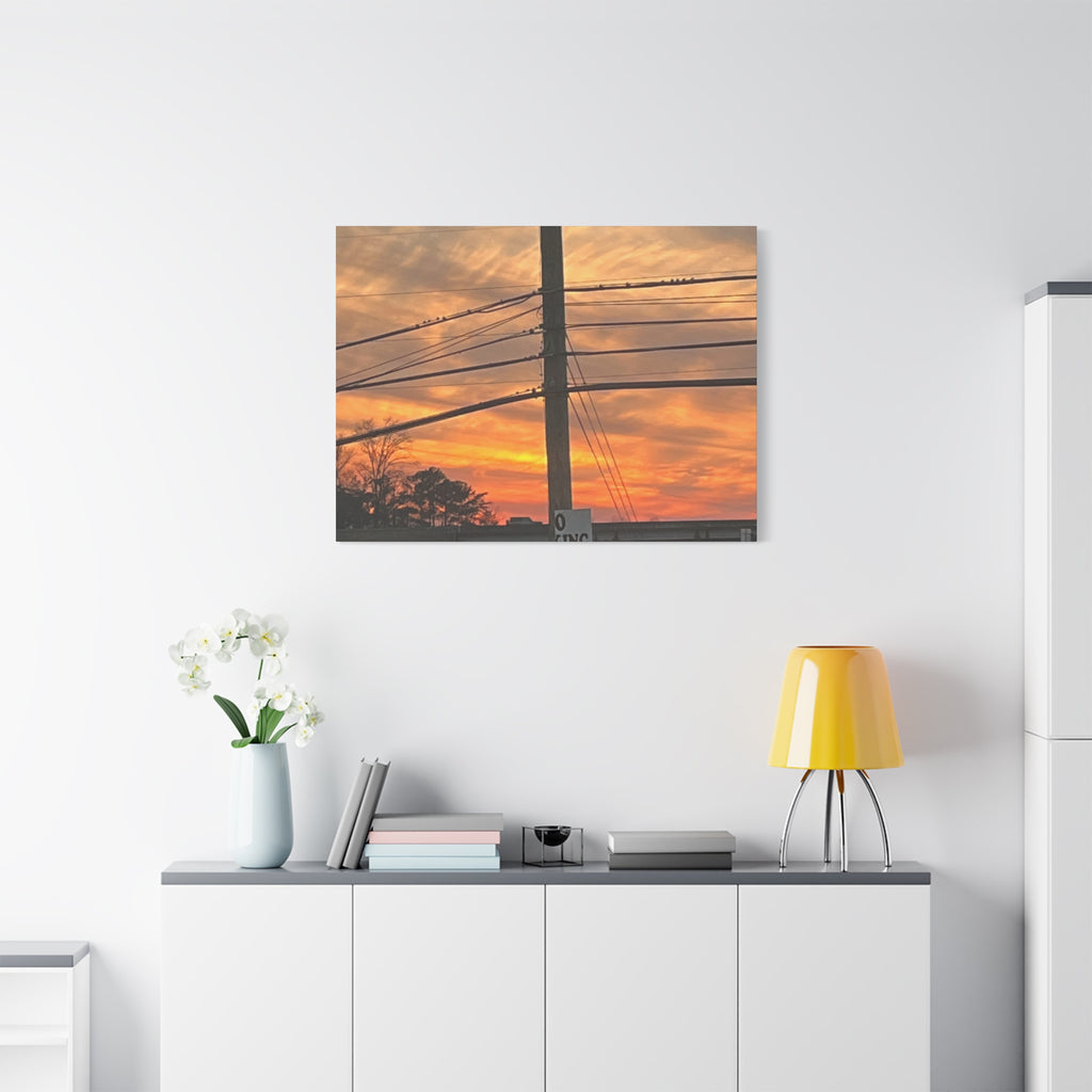 Sunset Powerlines Matte Canvas Print — Warm Orange Sky Wall Art