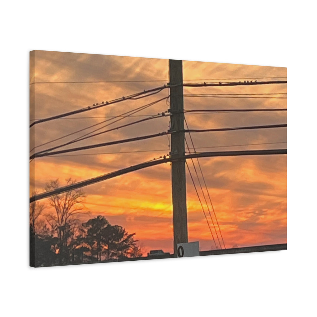 Sunset Powerlines Matte Canvas Print — Warm Orange Sky Wall Art
