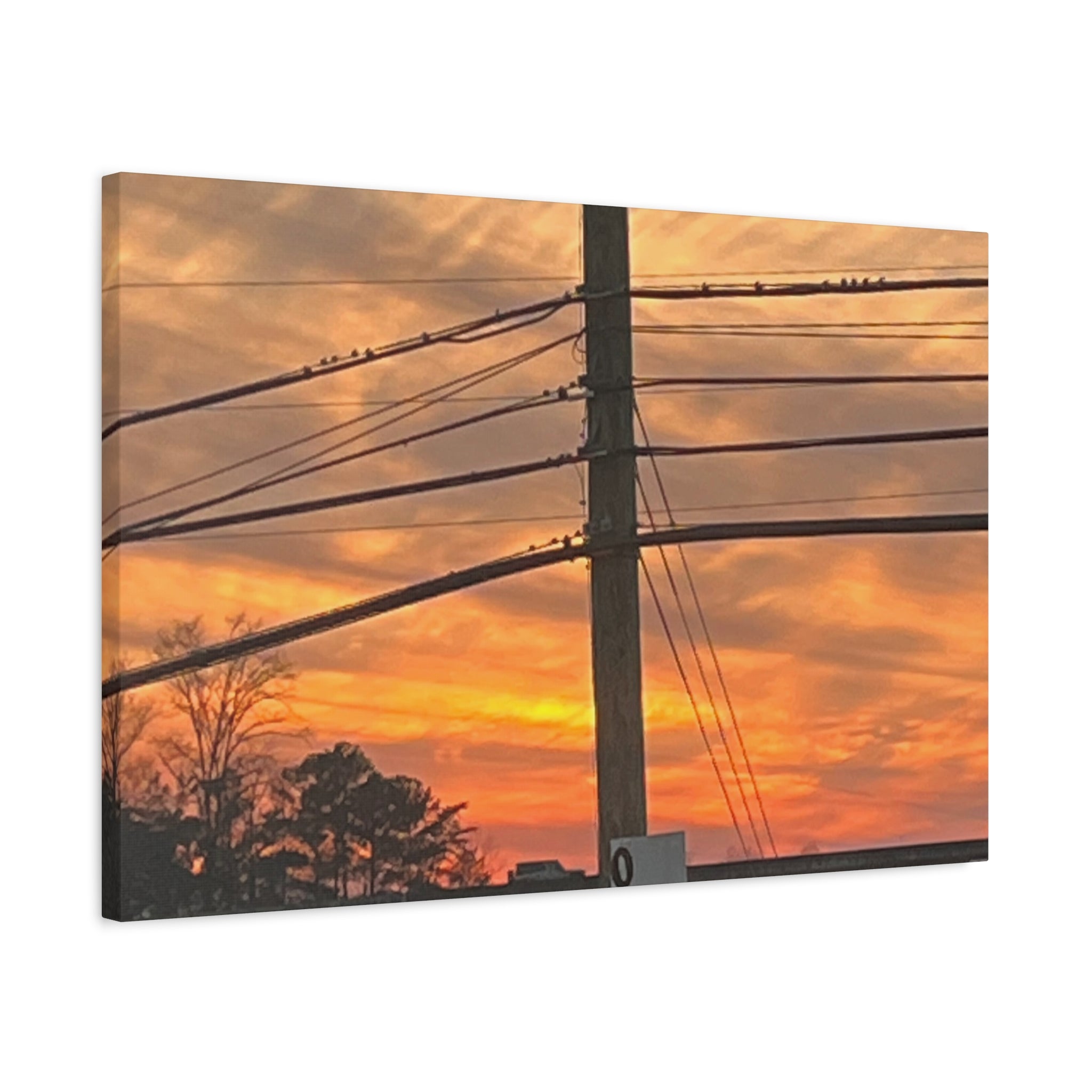 Sunset Powerlines Matte Canvas Print — Warm Orange Sky Wall Art