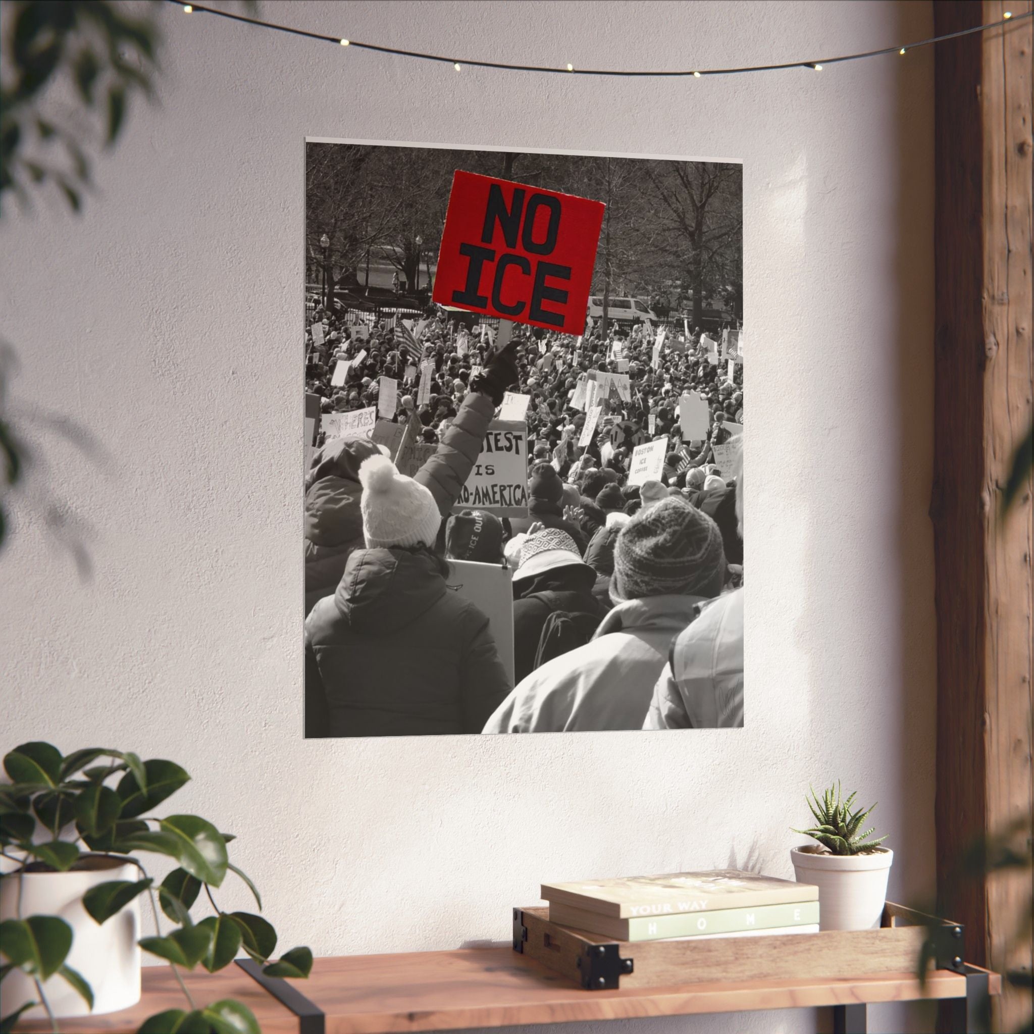 NO ICE Above the Crowd — Vertical Matte Humanitarian Poster