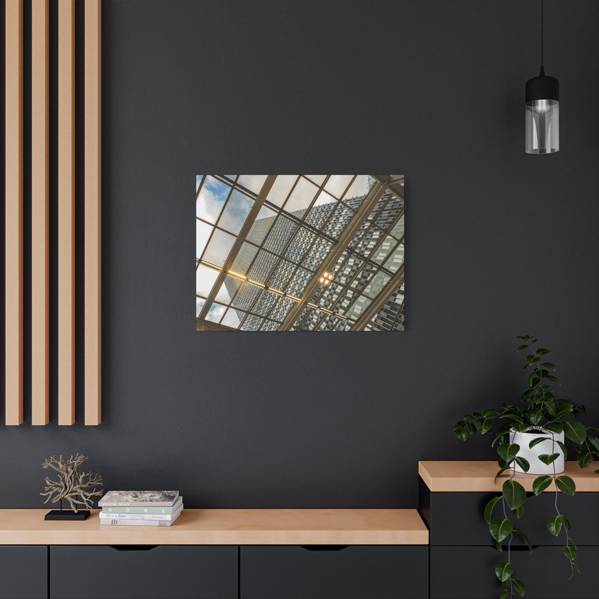 Modern Architecture Canvas Print — Glass Atrium & Skyscraper Stretched Matte