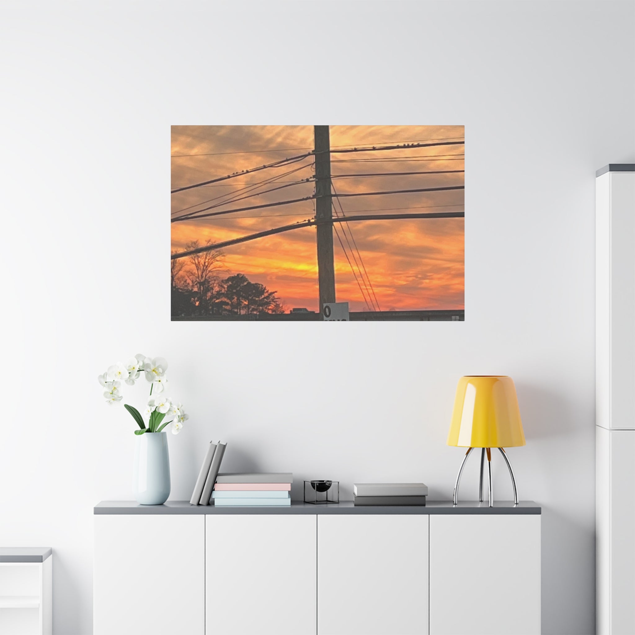 Sunset Powerlines Matte Canvas Print — Warm Orange Sky Wall Art