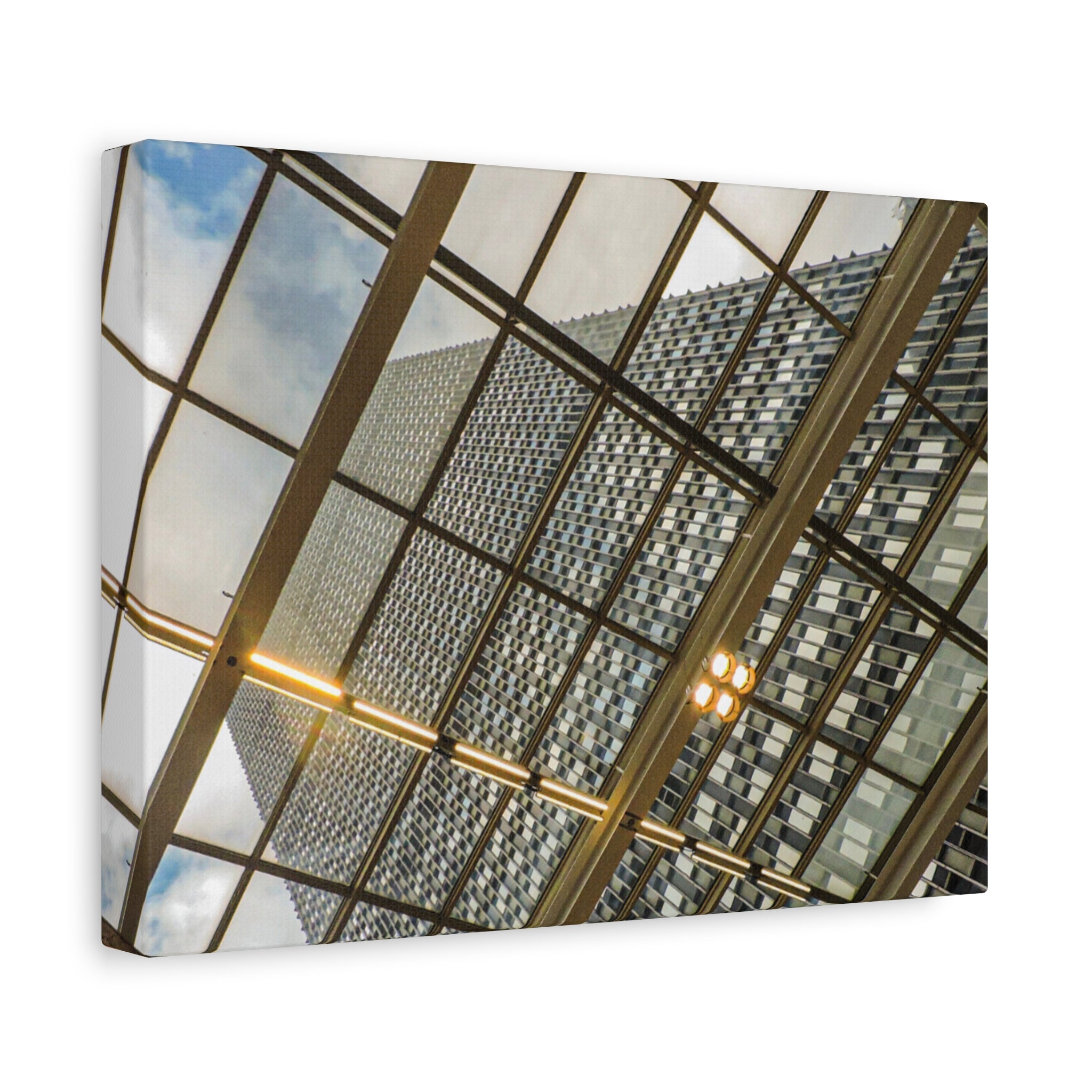 Modern Architecture Canvas Print — Glass Atrium & Skyscraper Stretched Matte