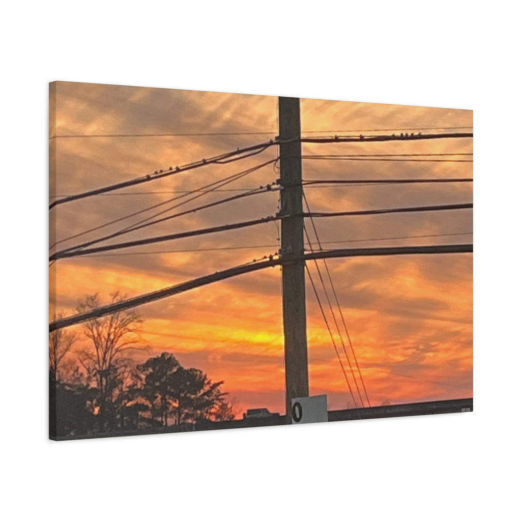 Sunset Powerlines Matte Canvas Print — Warm Orange Sky Wall Art